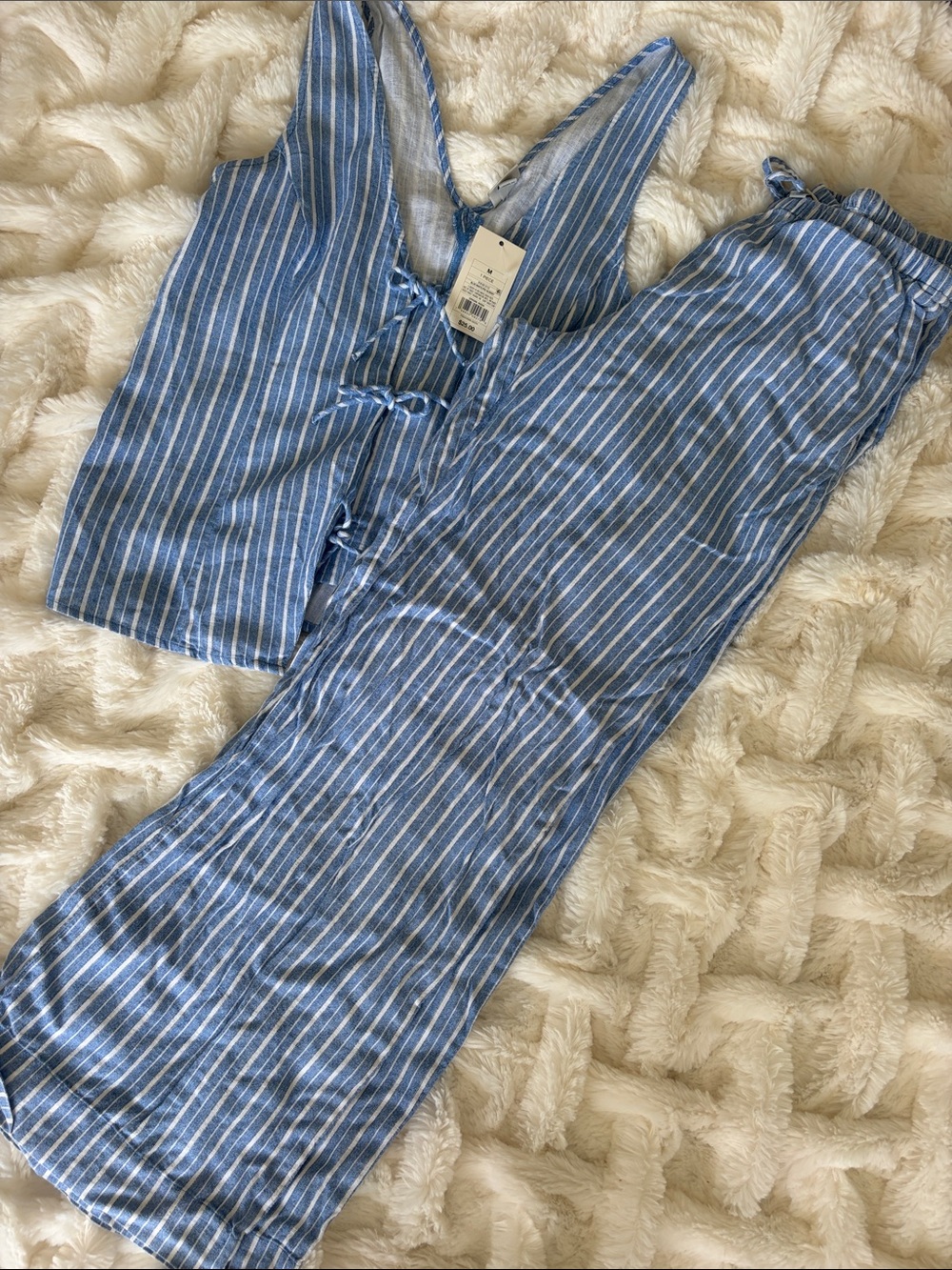 Blue Striped Women's linen Set - lace tank and pants - Picture 2 of 3